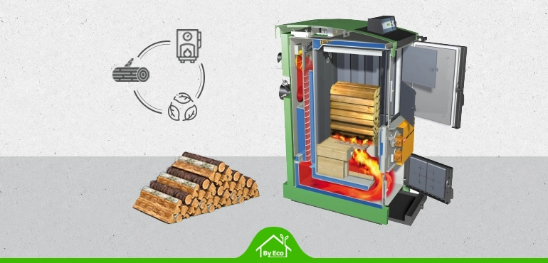 Log-fed biomass boiler system showing combustion chamber and logs for sustainable heating solutions
